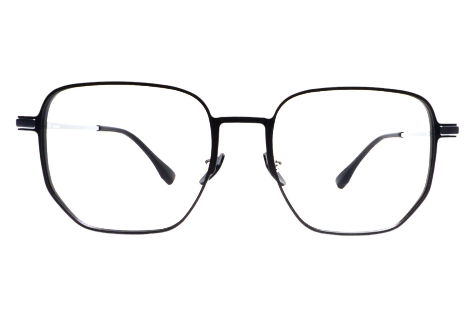 A pair of black metal framed eyeglasses with clear lenses. A pair of black metal framed eyeglasses with clear lenses.