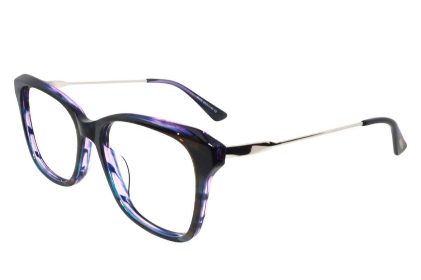 Stylish blue-tinted eyeglasses with thin metal temples.