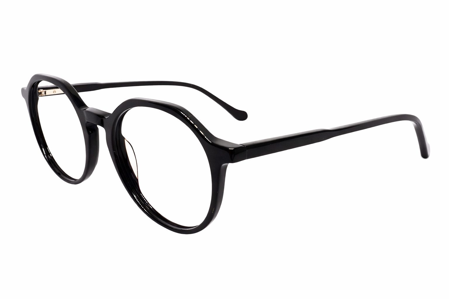 Black round eyeglass frames on white background